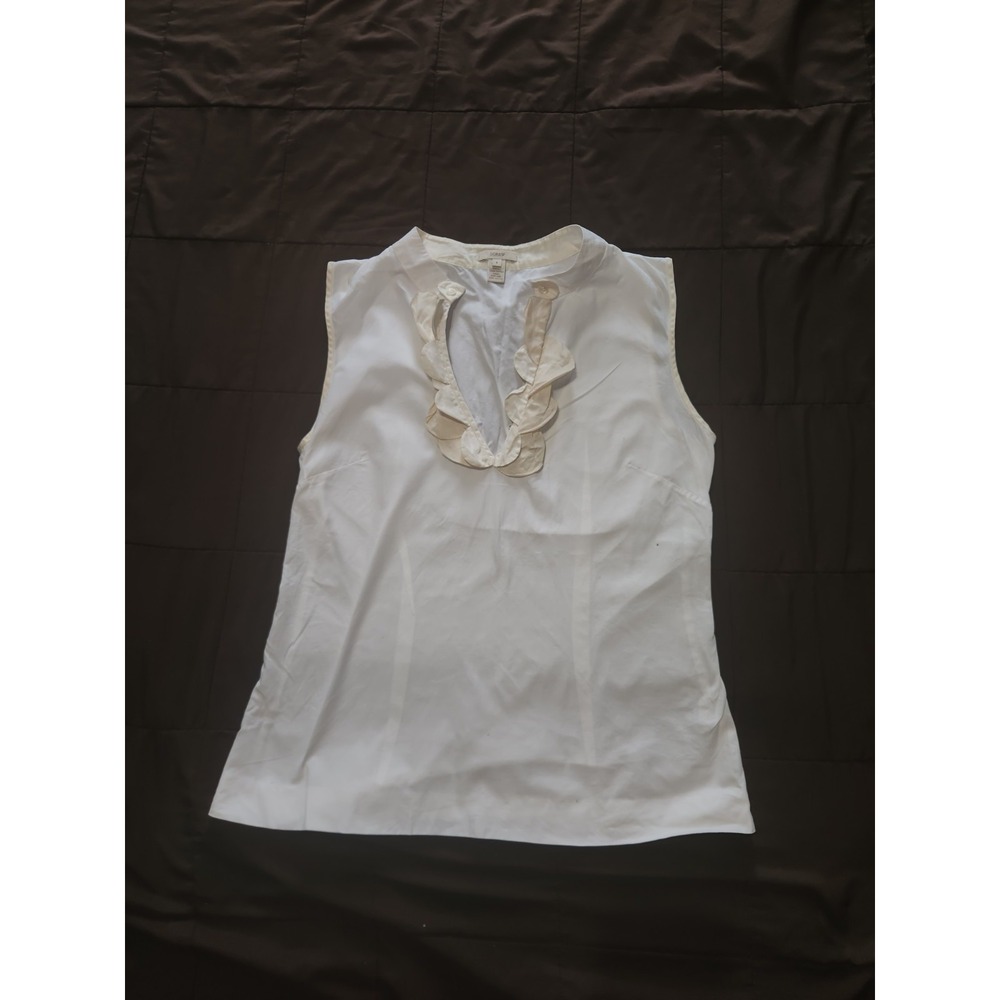 J.Crew women's solid V-neck tank top blouse with ruffled collar. Ivory. Size 4